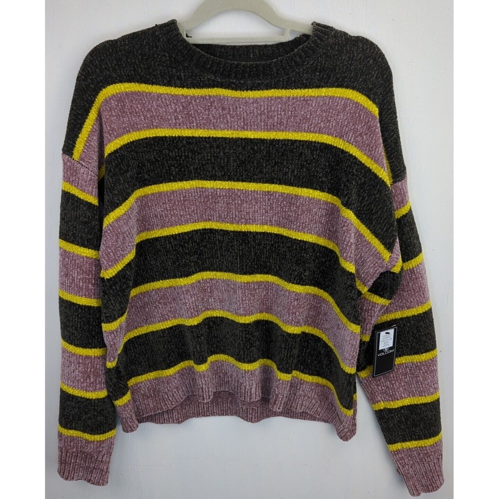 Volcom Bubble Tea Womens Large Purple Striped 2019 Comfy Sweater NWT